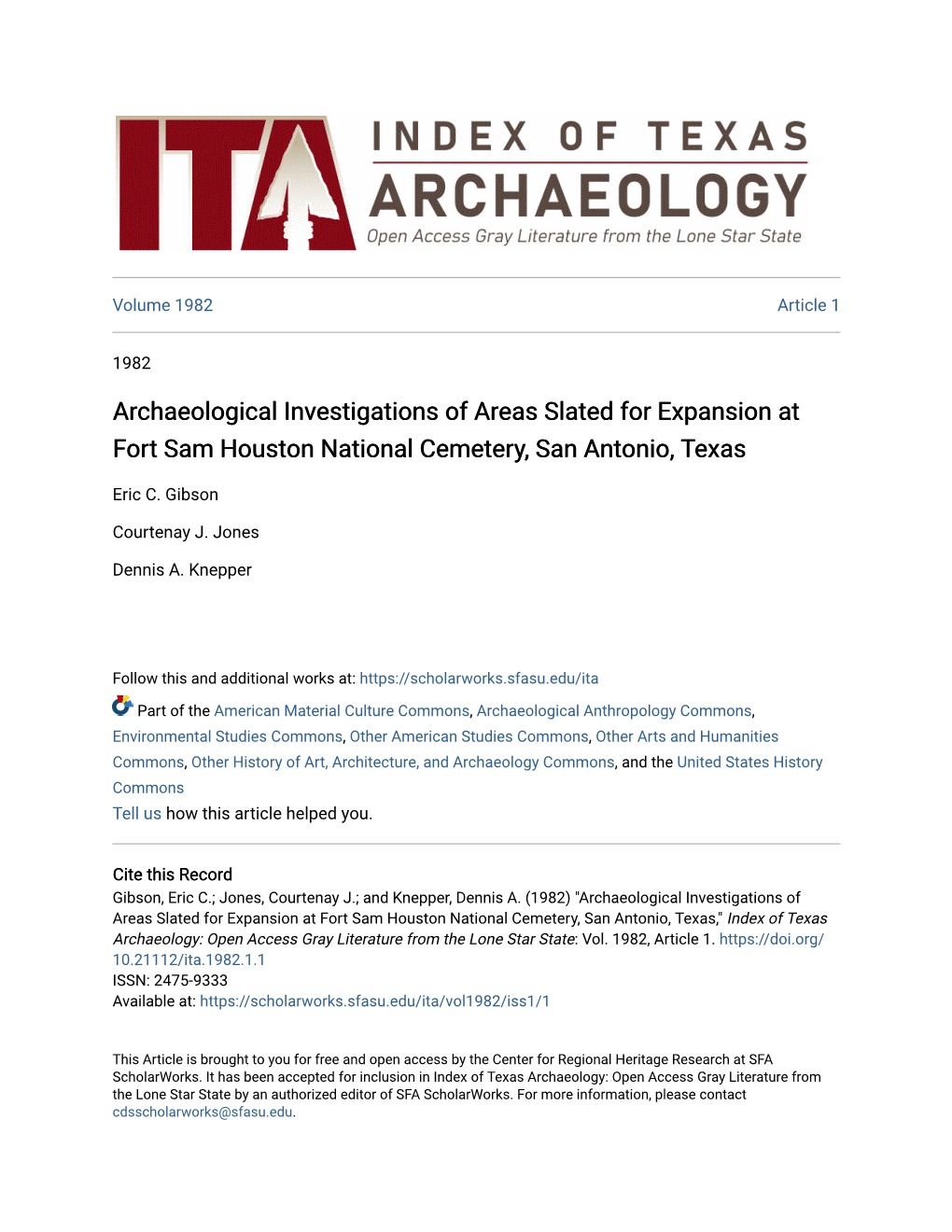 Archaeological Investigations of Areas Slated for Expansion at Fort Sam Houston National Cemetery, San Antonio, Texas