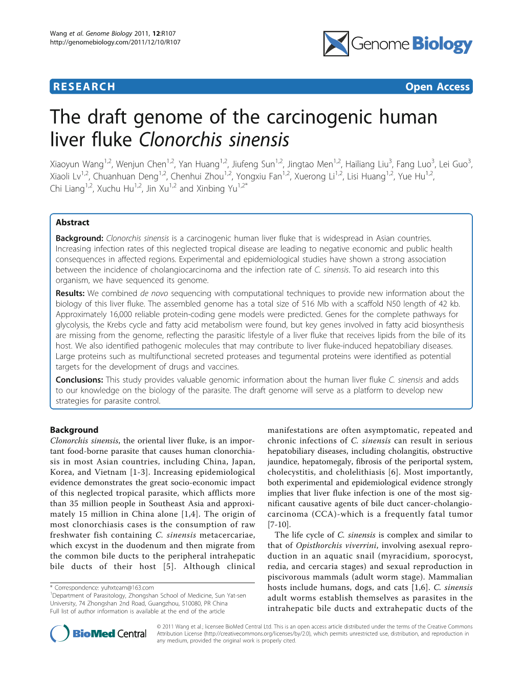 The Draft Genome of the Carcinogenic Human Liver Fluke Clonorchis Sinensis