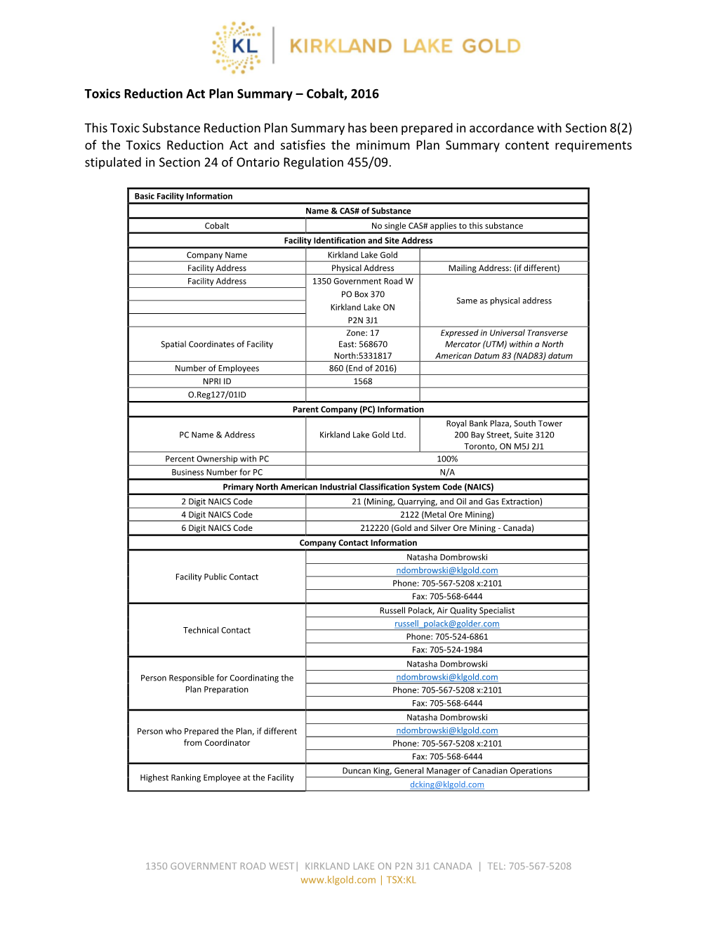 Toxics Reduction Act Plan Summary – Cobalt, 2016 This Toxic Substance