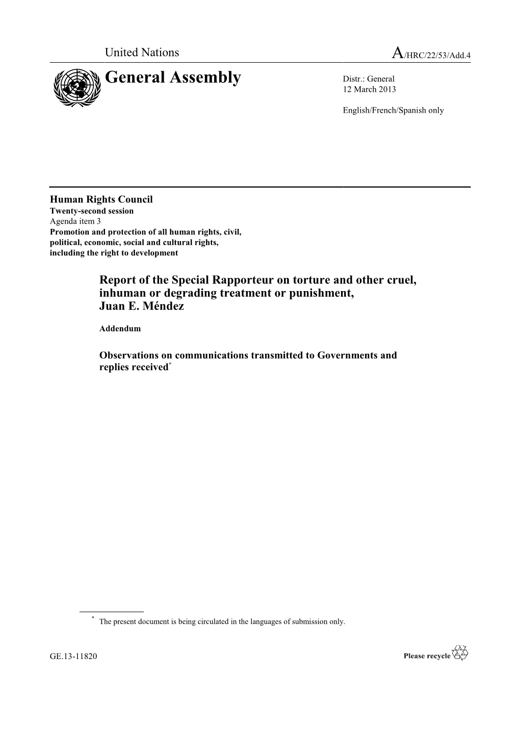 Report of the Special Rapporteur on Torture and Other Cruel, Inhuman Or Degrading Treatment Or Punishment, Juan E