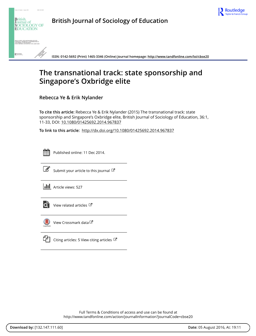 State Sponsorship and Singapore's Oxbridge Elite