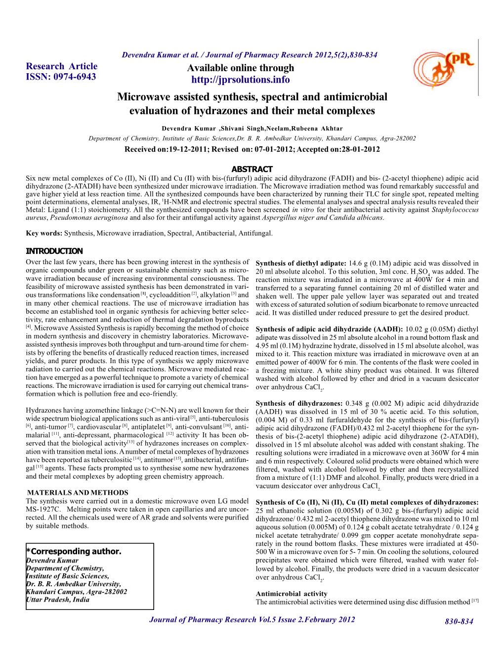 Microwave Assisted Synthesis, Spectral and Antimicrobial Evaluation of Hydrazones and Their Metal Complexes