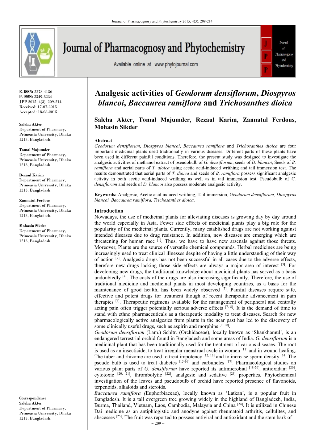 Analgesic Activities of Geodorum Densiflorum, Diospyros Blancoi