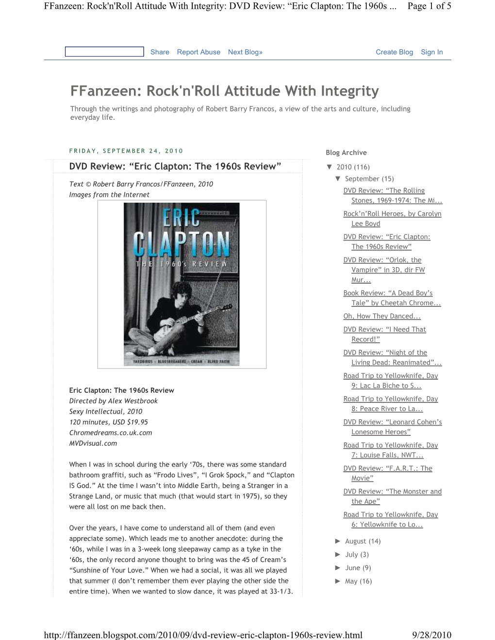 Ffanzeen: Rock'n'roll Attitude with Integrity: DVD Review: “Eric Clapton: the 1960S