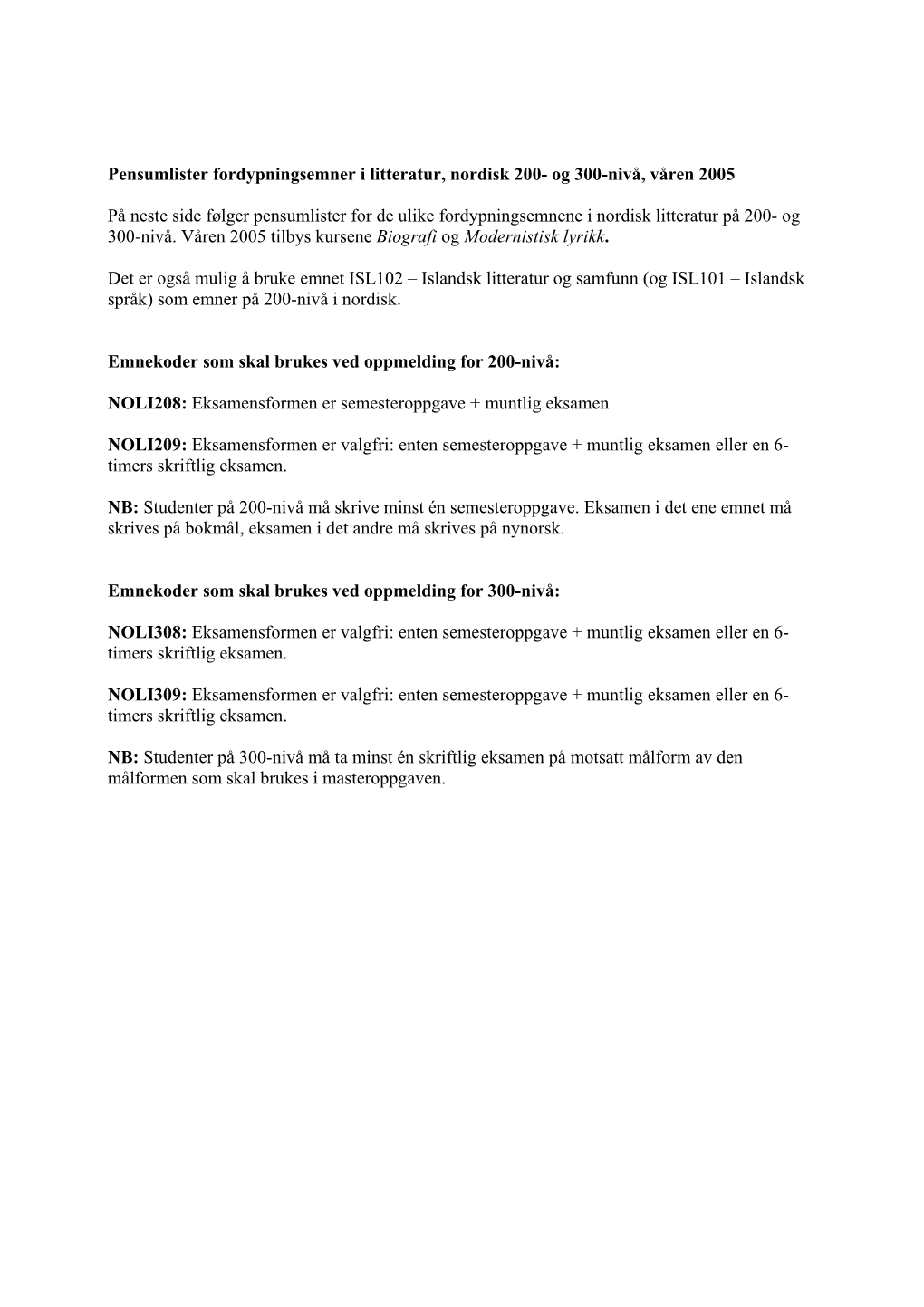 Pensumlister Fordypningsemner I Litteratur, Nordisk 200- Og 300-Nivå, Våren 2005