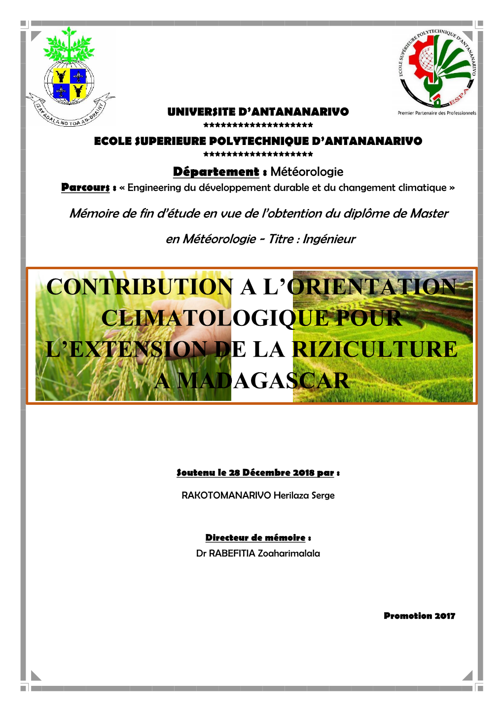 Contribution a L'orientation Climatologique Pour L