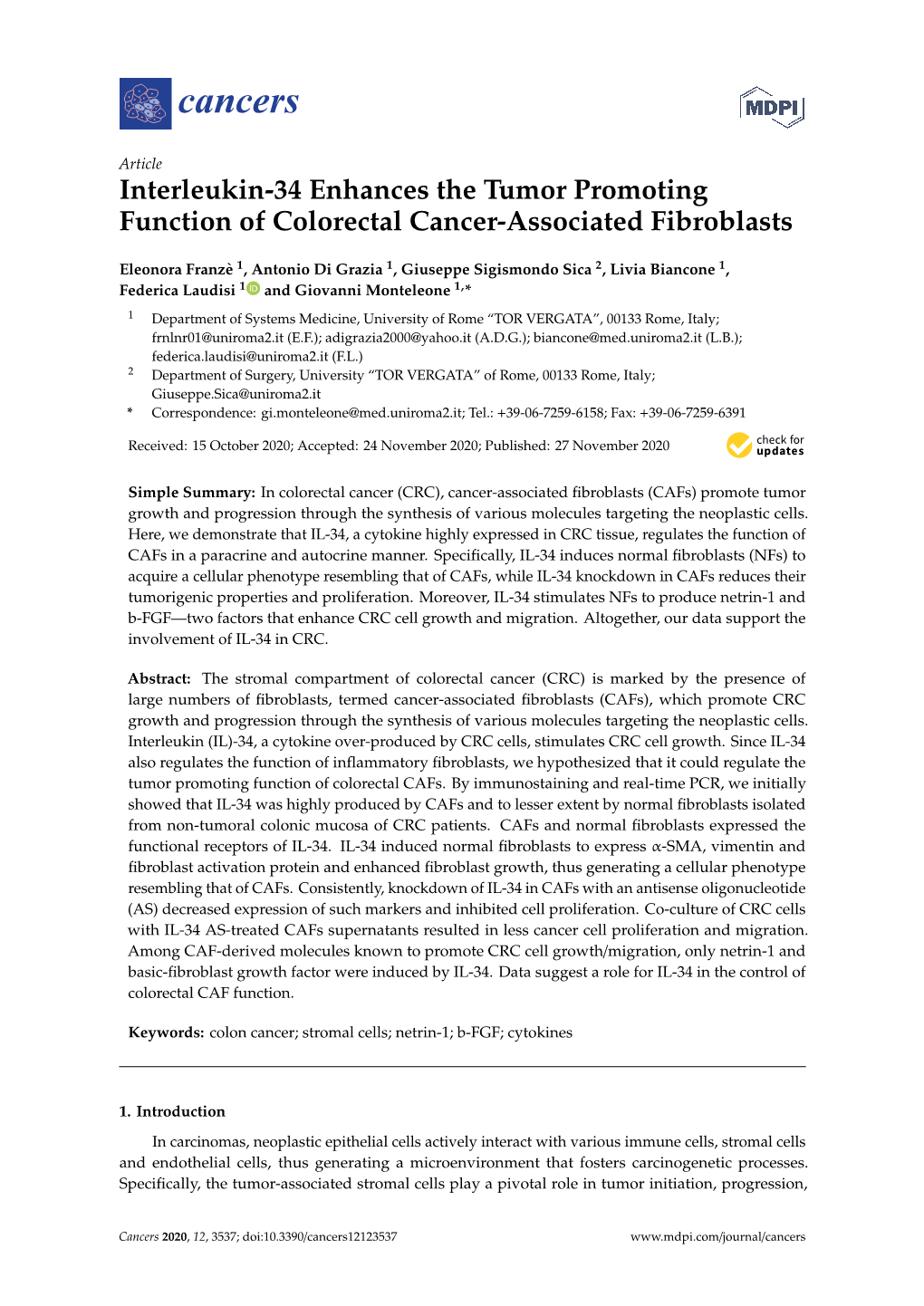 Interleukin-34 Enhances the Tumor Promoting Function of Colorectal Cancer-Associated Fibroblasts