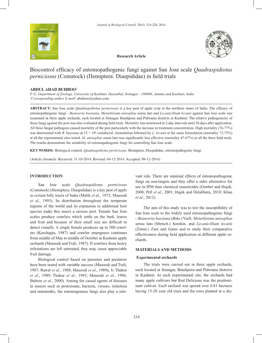 Biocontrol Efficacy of Entomopathogenic Fungi Against San Jose Scale Quadraspidiotus Perniciosus (Comstock) (Hemiptera: Diaspididae) in Field Trials