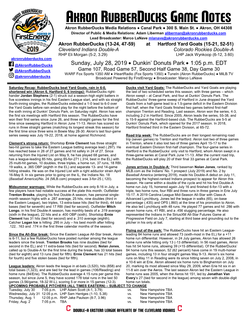 AKRON RUBBERDUCKS GAME NOTES Akron Rubberducks Media Relations ● Canal Park ● 300 S