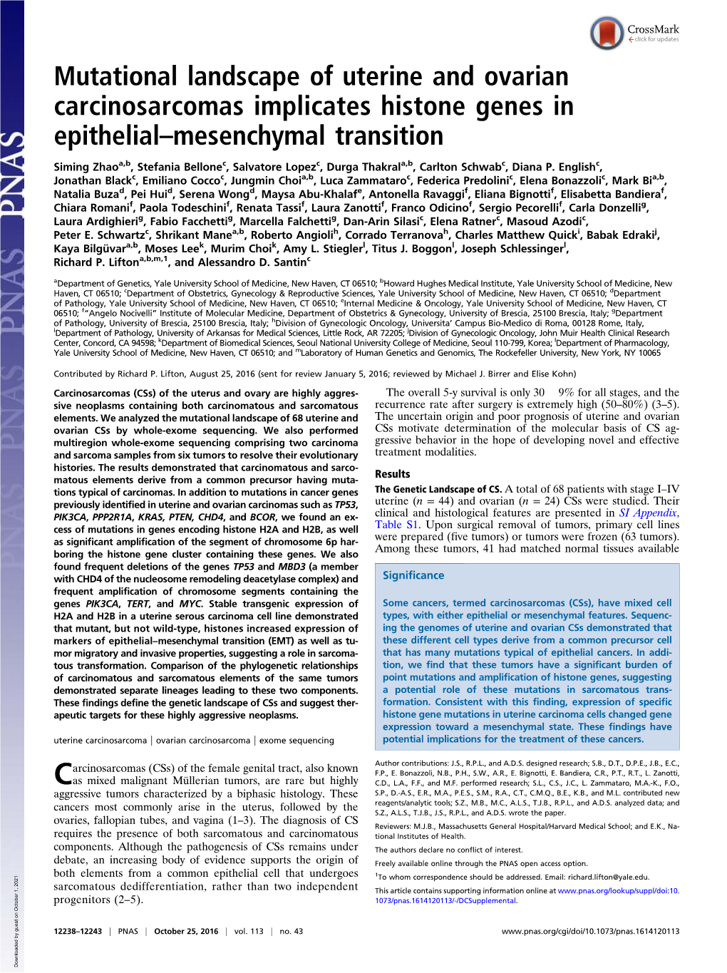 Mutational Landscape of Uterine and Ovarian Carcinosarcomas Implicates Histone Genes in Epithelial–Mesenchymal Transition