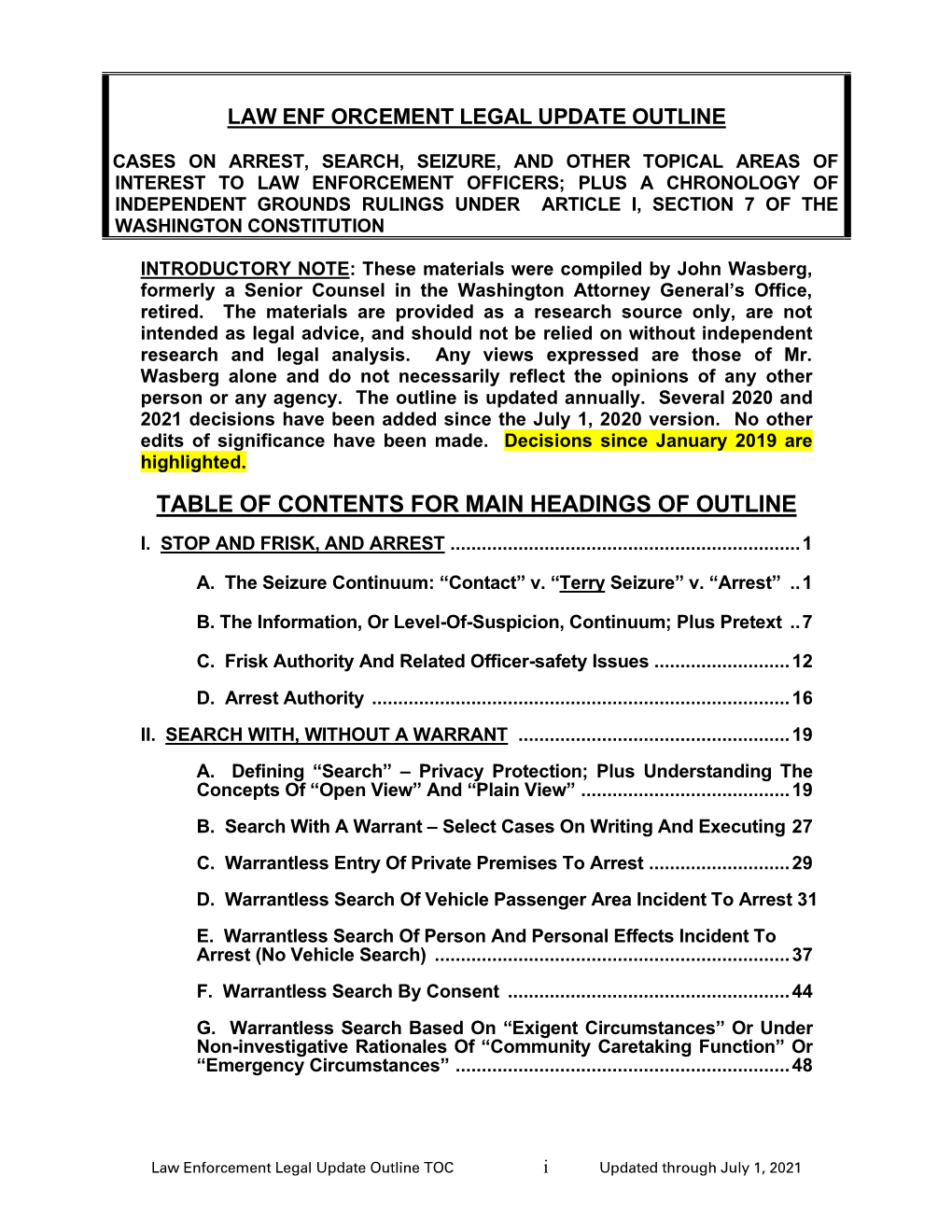 Law Enforcement Legal Update Outline TOC I Updated Through July 1, 2021 H