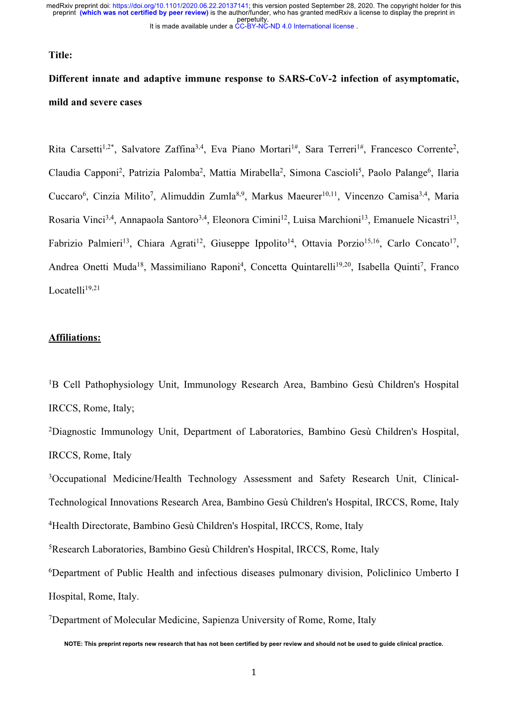 Different Innate and Adaptive Immune Response to SARS-Cov-2 Infection of Asymptomatic, Mild and Severe Cases