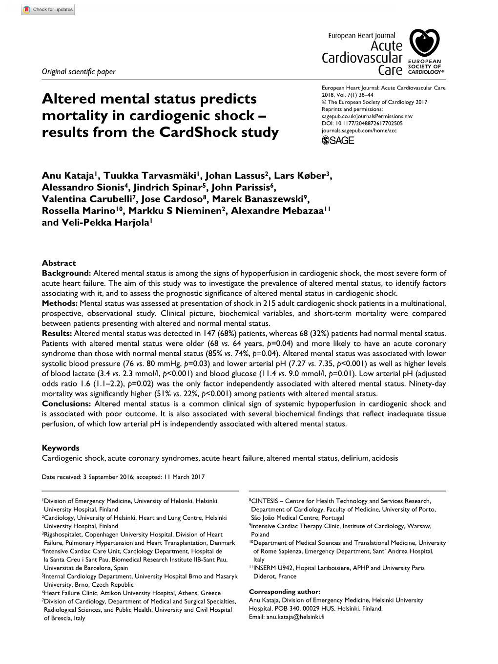 Altered Mental Status Predicts Mortality in Cardiogenic Shock – Results From