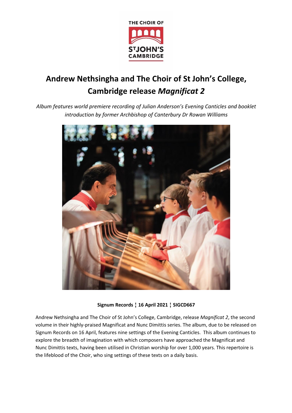 Andrew Nethsingha and the Choir of St John's College