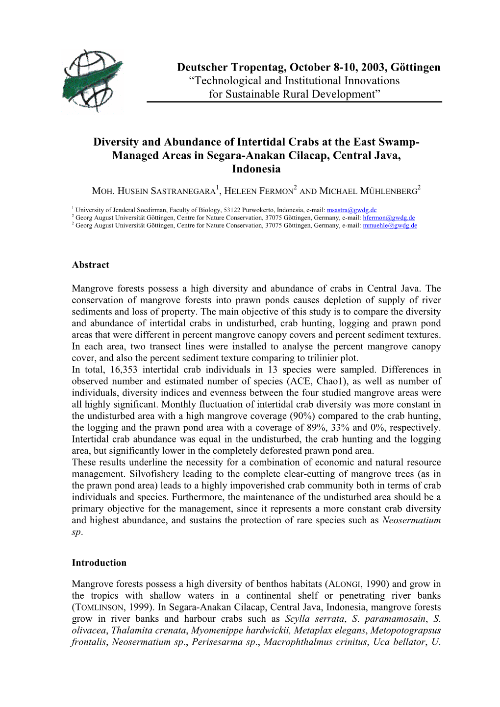 Diversity and Abundance of Intertidal Crabs at the East Swamp- Managed Areas in Segara-Anakan Cilacap, Central Java, Indonesia