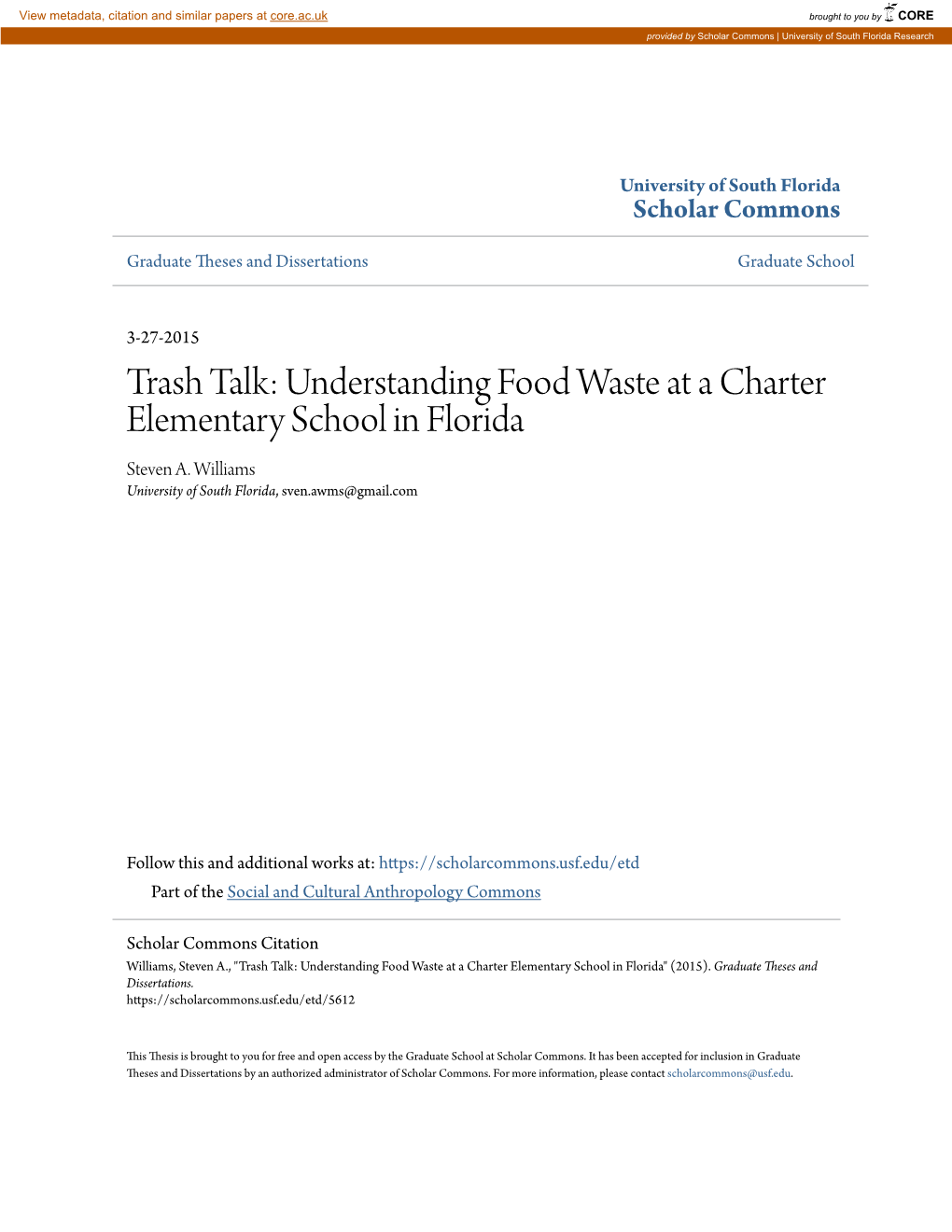 Trash Talk: Understanding Food Waste at a Charter Elementary School in Florida Steven A