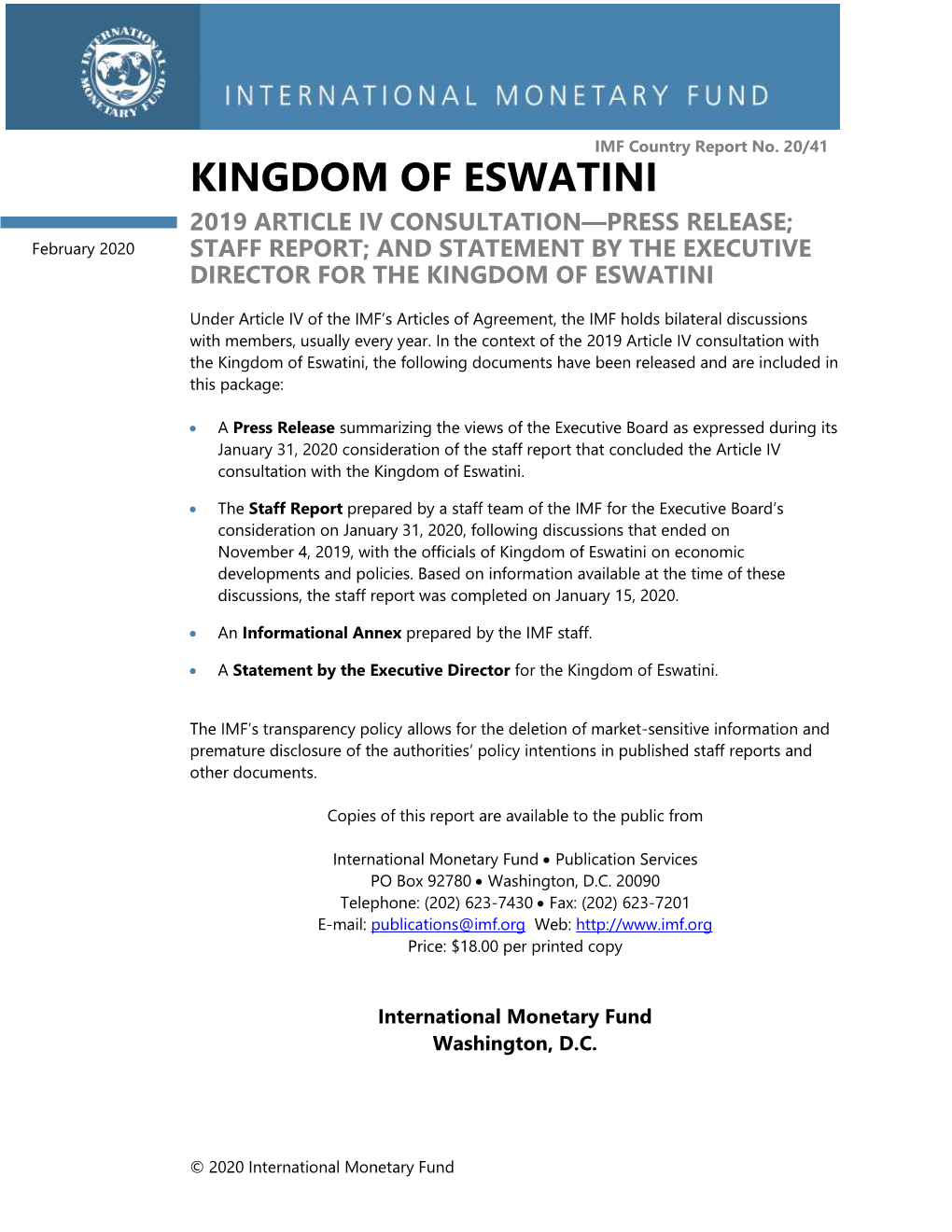 Kingdom of Eswatini: 2019 Article IV Consultation-Press