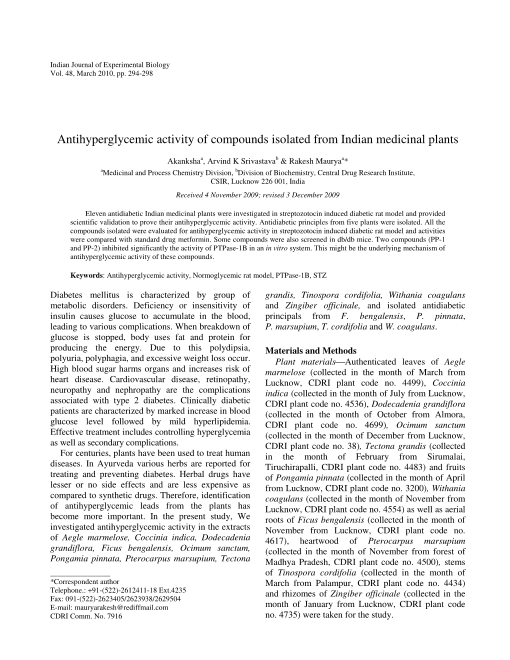 Antihyperglycemic Activity of Compounds Isolated from Indian Medicinal Plants