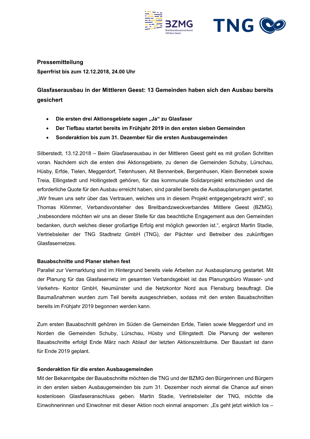 Pressemitteilung Glasfaserausbau in Der Mittleren Geest: 13 Gemeinden