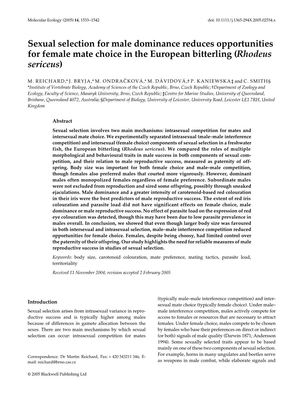 Sexual Selection for Male Dominance Reduces Opportunities for Female Mate Choice in the European Bitterling (Rhodeus Sericeus)