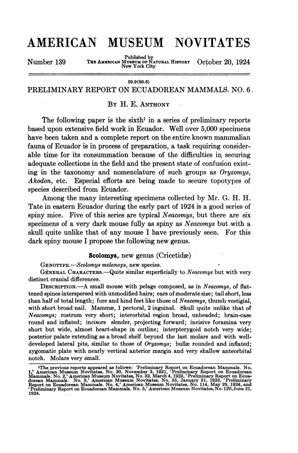 AMERICAN MUSEUM NOVITATES Published by Number 139 Txe AMERICAN MUSE1UM of NATURAL HISTORY October 20, 1924 New York City