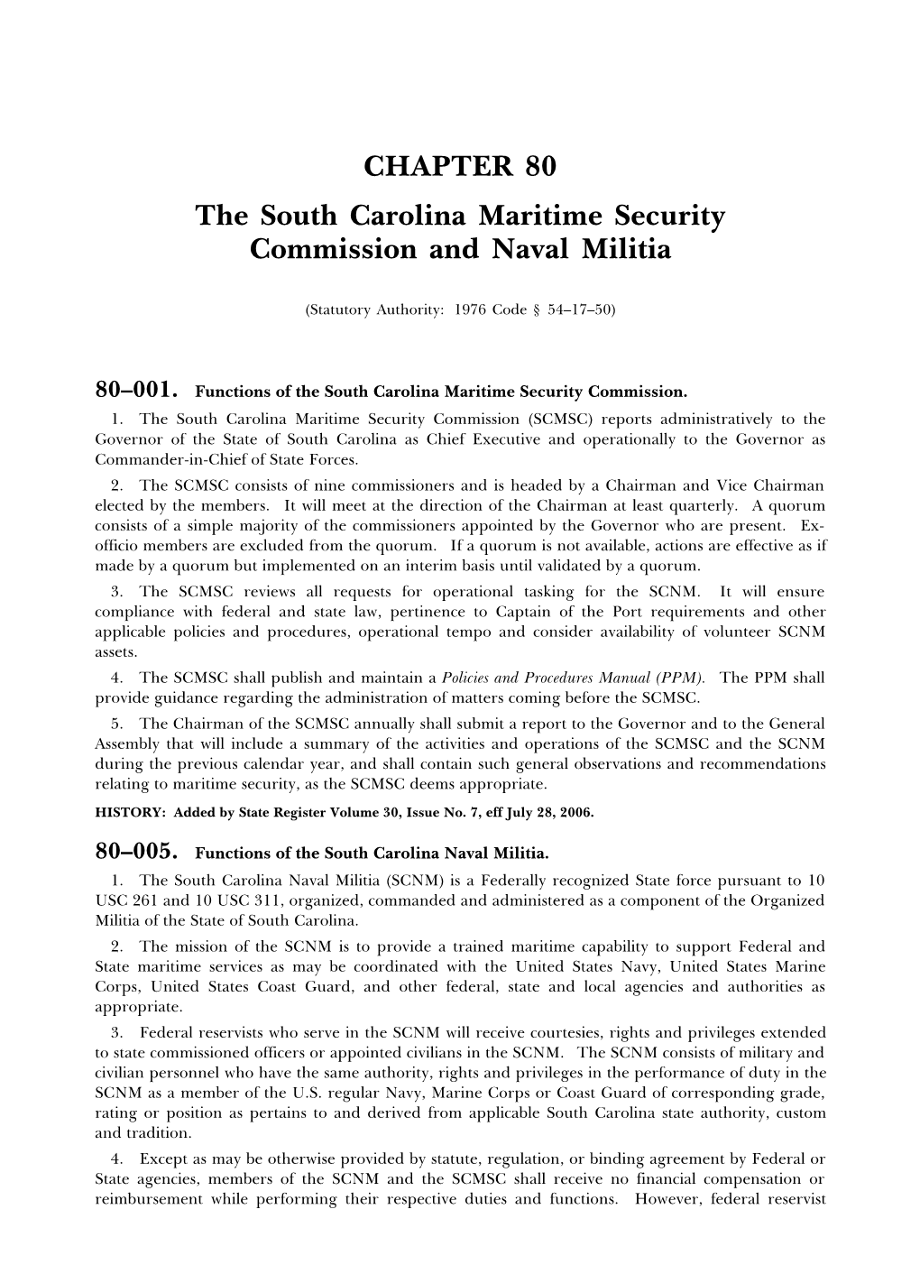 CHAPTER 80 the South Carolina Maritime Security Commission and Naval Militia