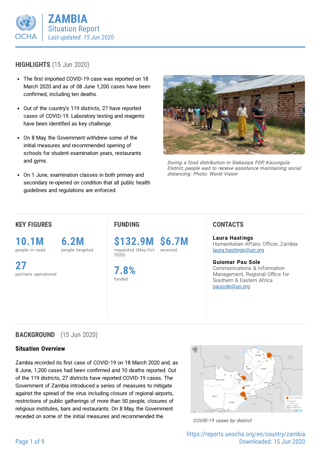 ZAMBIA Situation Report Last Updated: 15 Jun 2020