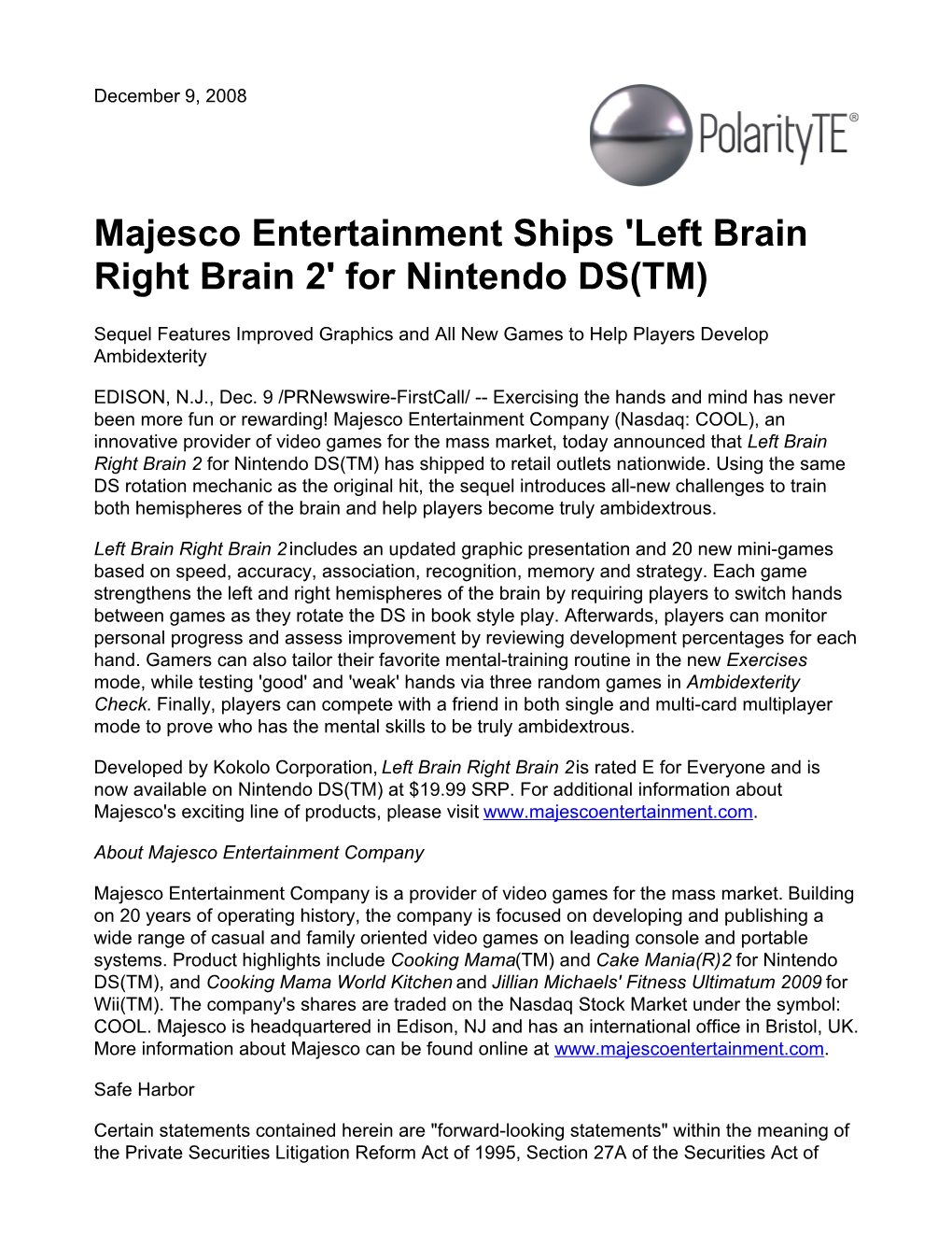 Majesco Entertainment Ships 'Left Brain Right Brain 2' for Nintendo DS(TM)