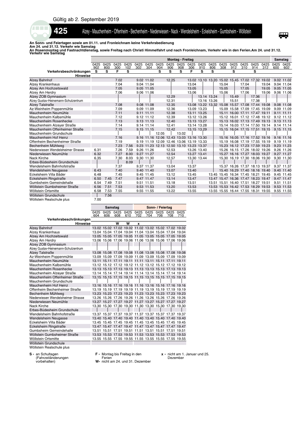 Mauchenheim - Offenheim - Bechenheim - Niederwiesen - Nack - Wendelsheim - Eckelsheim - Gumbsheim - Wöllstein Q an Sonn- Und Feiertagen Sowie Am 01.11