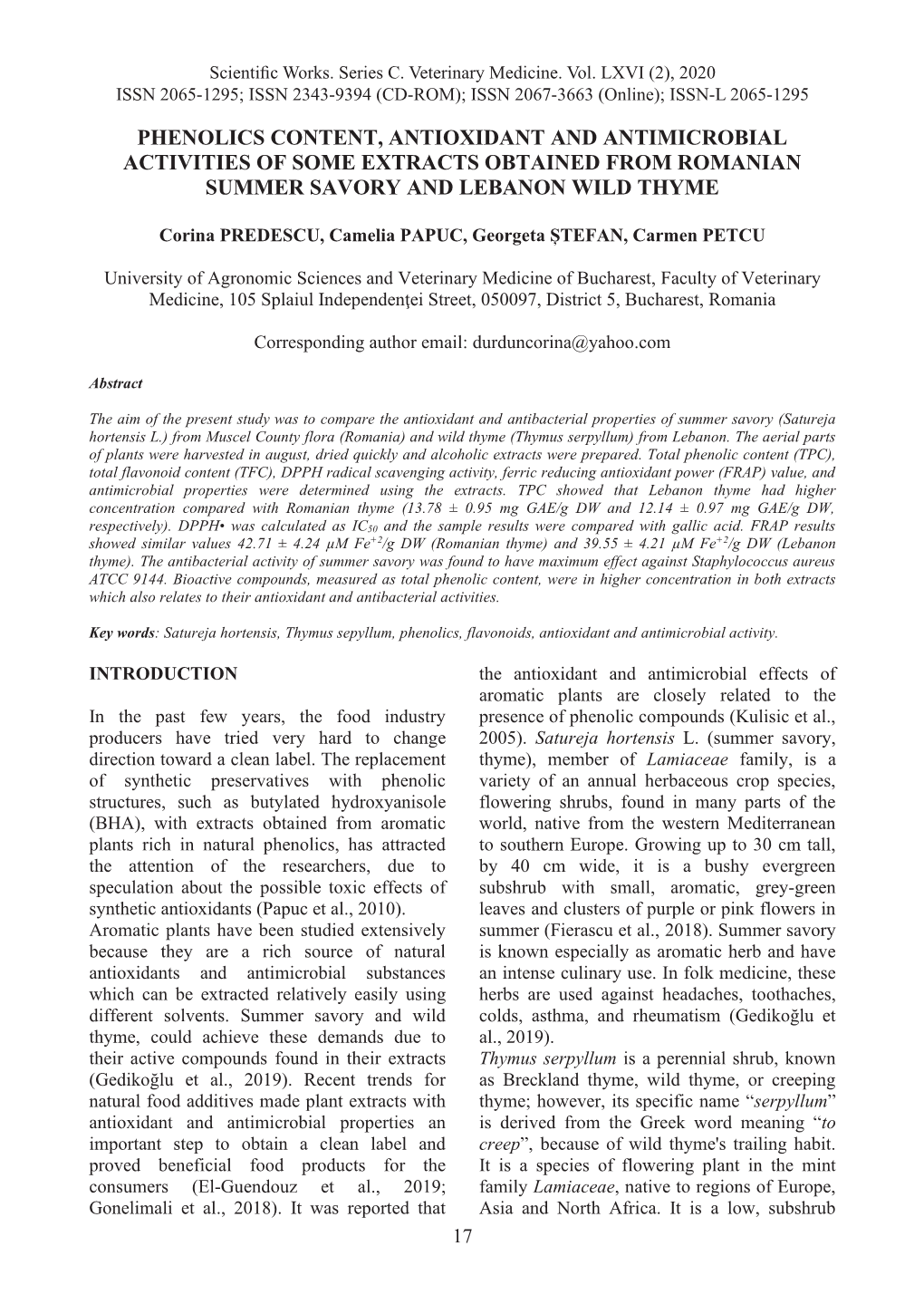 Phenolics Content, Antioxidant and Antimicrobial Activities of Some Extracts Obtained from Romanian Summer Savory and Lebanon Wild Thyme