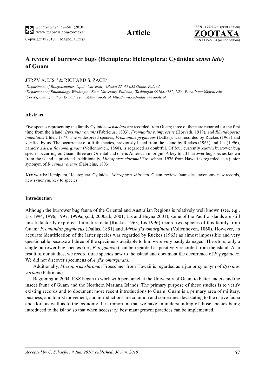 Zootaxa, a Review of Burrower Bugs (Hemiptera: Heteroptera: Cydnidae