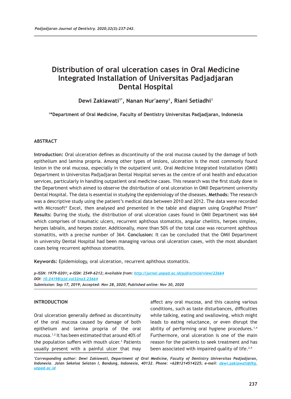 Distribution of Oral Ulceration Cases in Oral Medicine Integrated Installation of Universitas Padjadjaran Dental Hospital