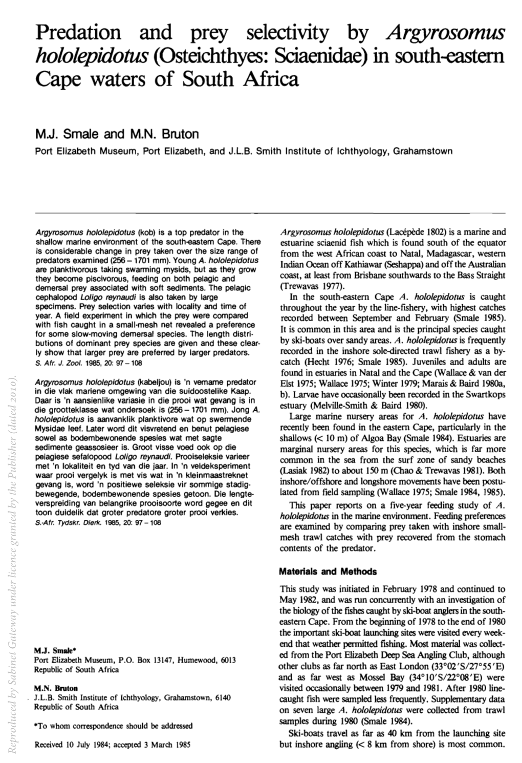 Predation and Prey Selectivity by Argyrosomus H%/Epidotus (Osteichthyes: Sciaenidae) in South-Eastem Cape Waters of South Mrica