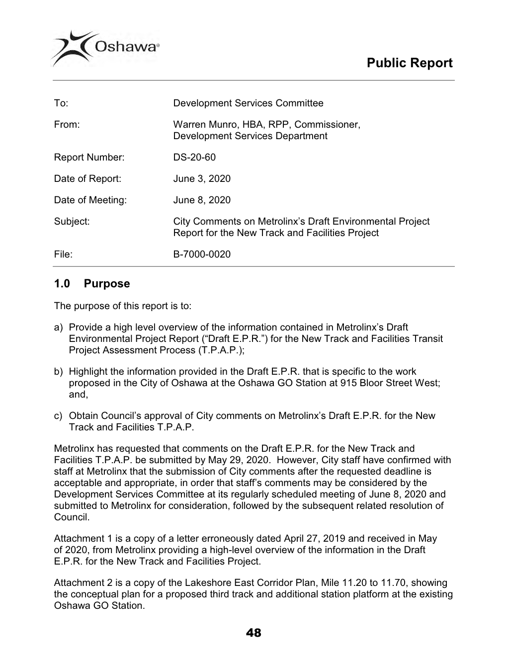 DS-20-60 City Comments on Metrolinx's Draft Environmental Project Report for the New Track and Facilities Project