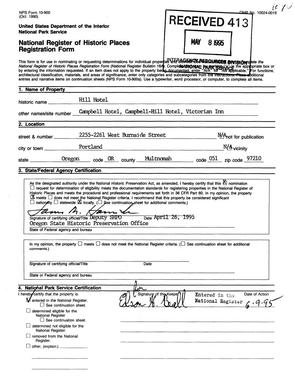 RECEIVED 413 National Park Service National Register of Historic Places MAY 81995 Registration Form