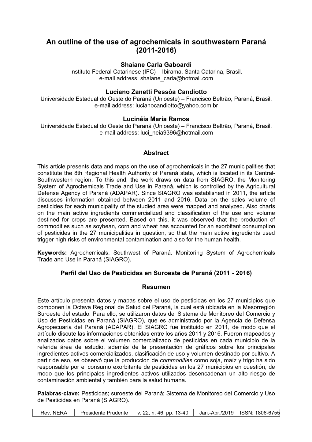 An Outline of the Use of Agrochemicals in Southwestern Paraná (2011-2016)