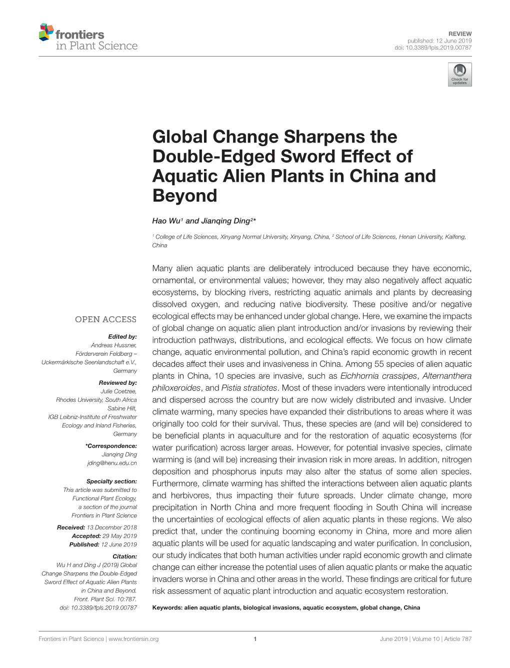 Wu,H., Ding*,J. 2019. Global Change Sharpens the Double-Edged Sword