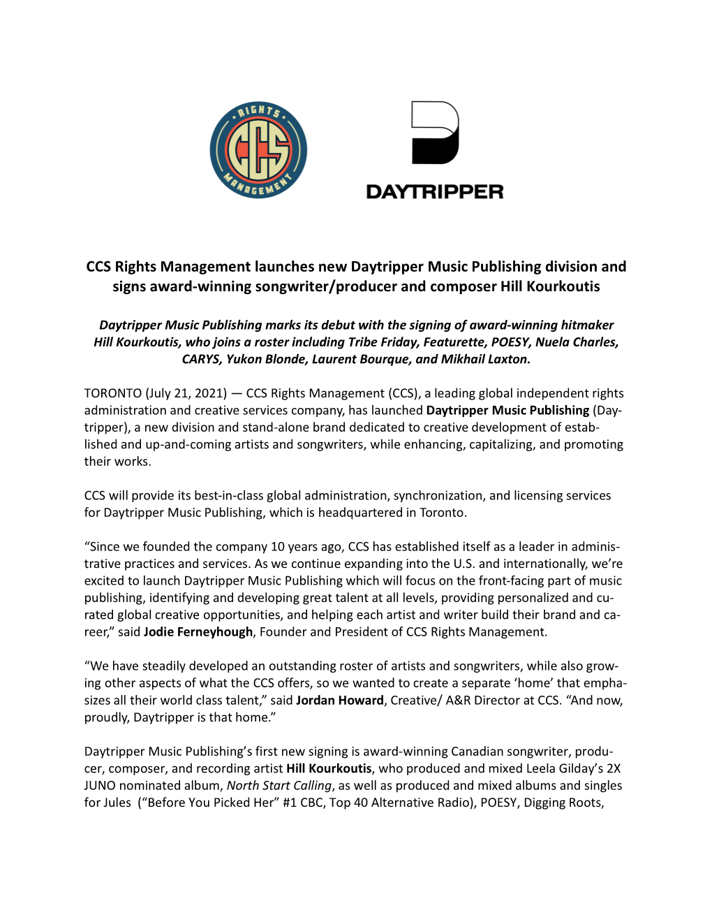 CCS Rights Management Launches New Daytripper Music Publishing Division and Signs Award-Winning Songwriter/Producer and Composer Hill Kourkoutis