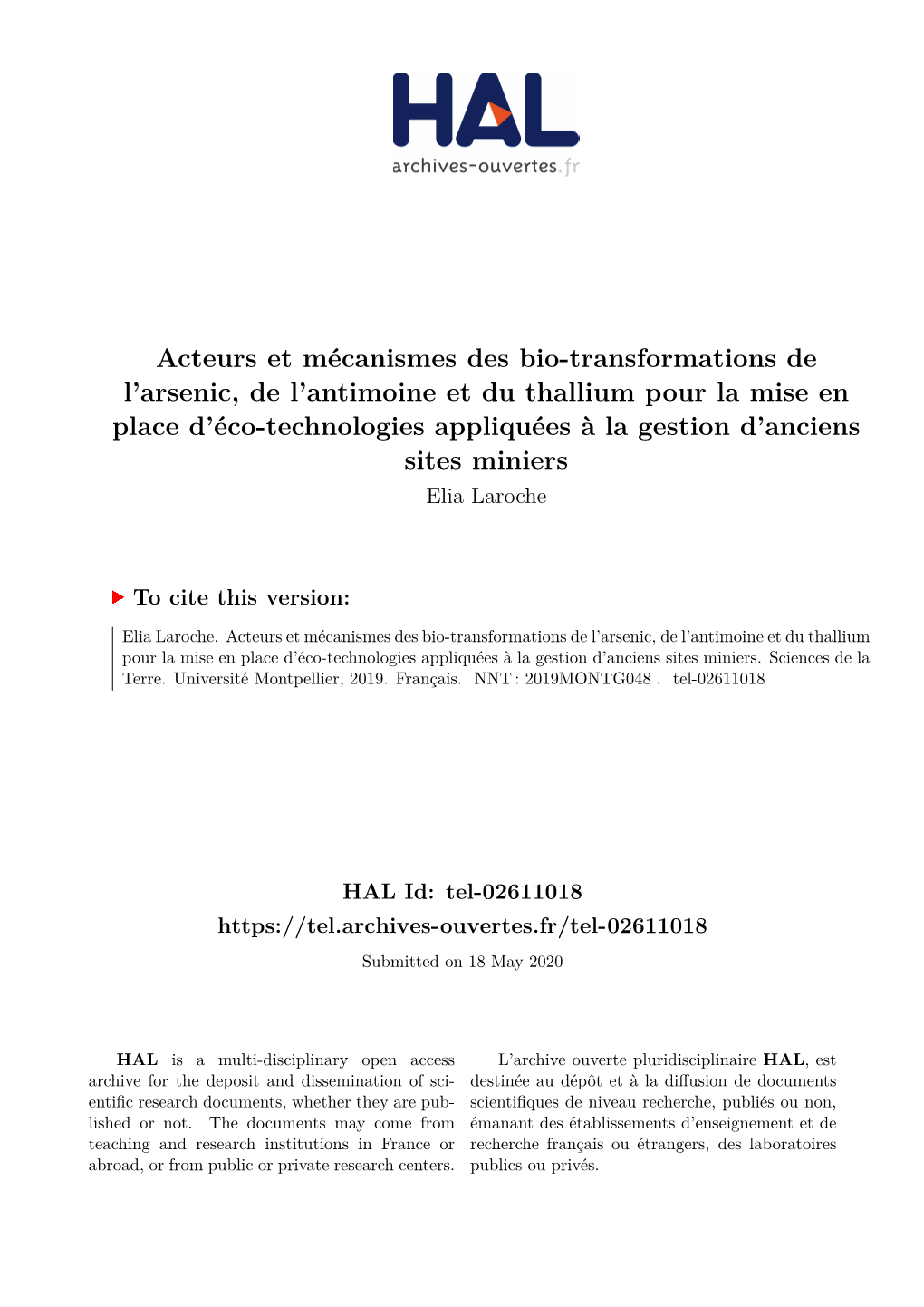 Acteurs Et Mécanismes Des Bio-Transformations De L'arsenic, De