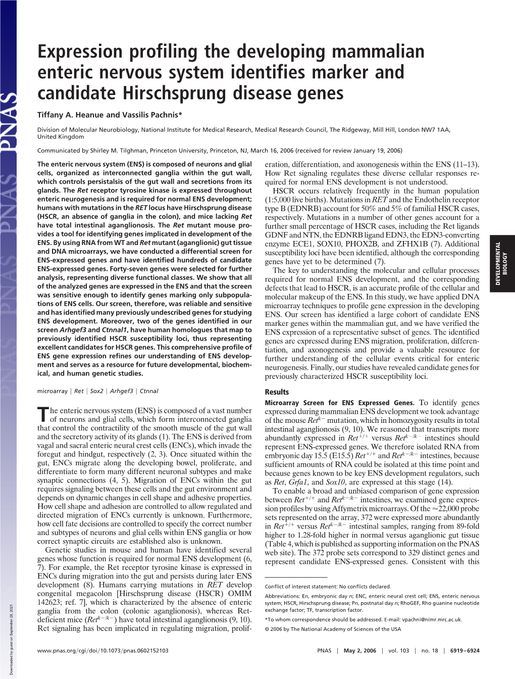 Expression Profiling the Developing Mammalian Enteric Nervous System Identifies Marker and Candidate Hirschsprung Disease Genes