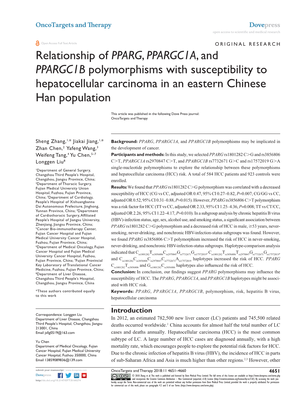Relationship of PPARG, PPARGC1A, and PPARGC1B Polymorphisms with Susceptibility to Hepatocellular Carcinoma in an Eastern Chinese Han Population