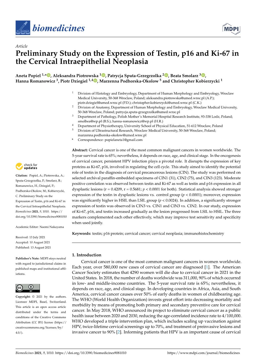 Preliminary Study on the Expression of Testin, P16 and Ki-67 in the Cervical Intraepithelial Neoplasia