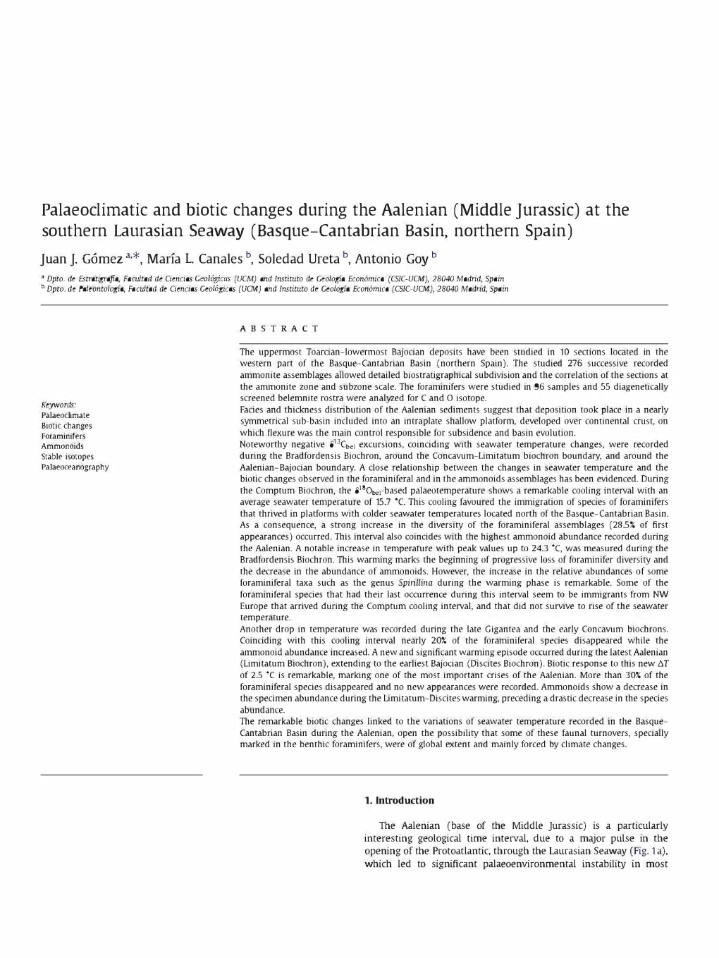 Palaeoclimatic and Biotic Changes During the Aalenian (Middle ]Urassic) at the Southern Laurasian Seaway (Basque-Cantabrian Basin, Northern Spain)