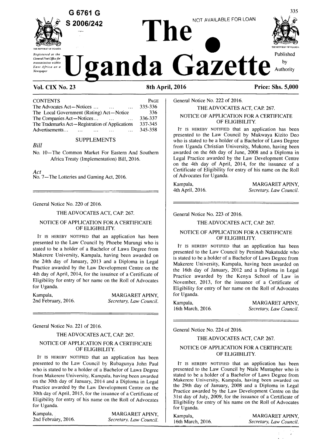 THE UGANDA GAZETTE [8Th April