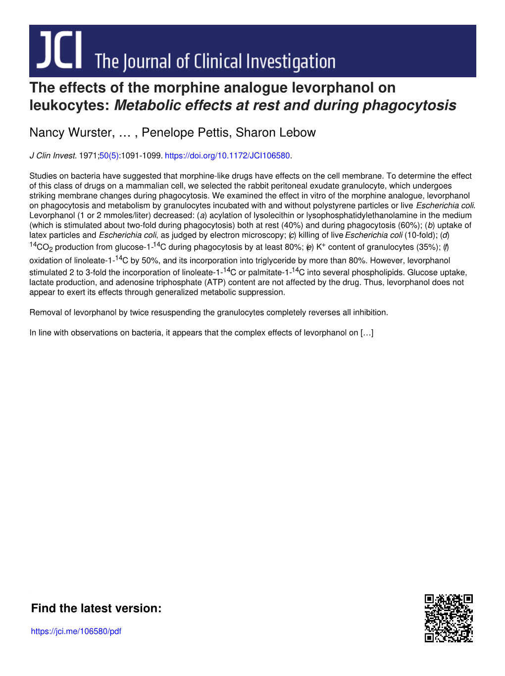 The Effects of the Morphine Analogue Levorphanol on Leukocytes: Metabolic Effects at Rest and During Phagocytosis