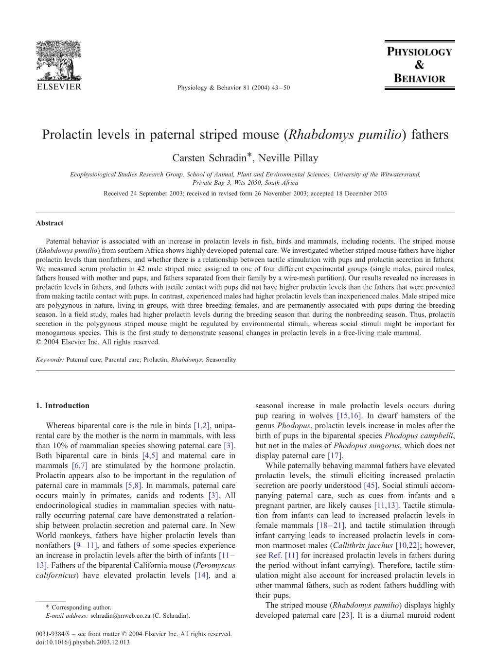 Prolactin Levels in Paternal Striped Mouse (Rhabdomys Pumilio) Fathers