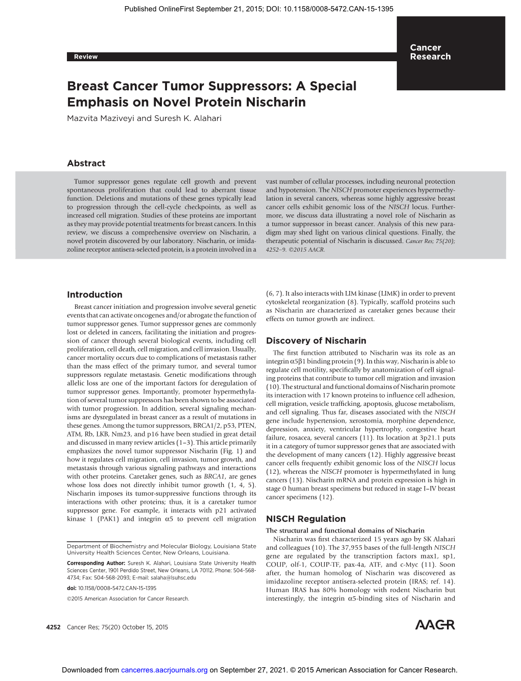 Breast Cancer Tumor Suppressors: a Special Emphasis on Novel Protein Nischarin Mazvita Maziveyi and Suresh K