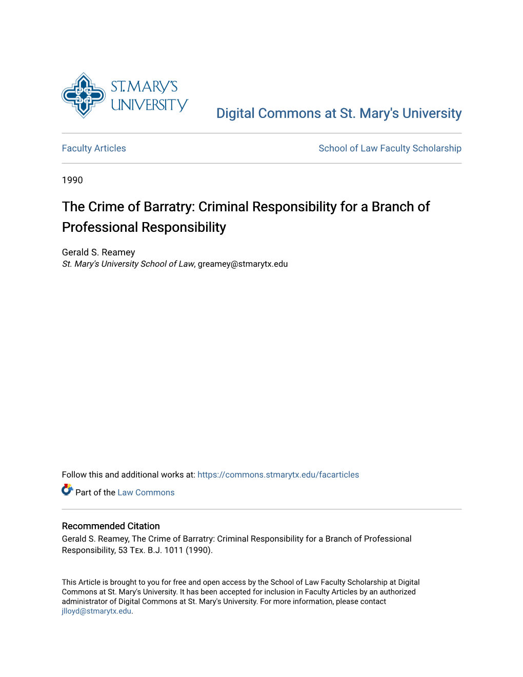 The Crime of Barratry: Criminal Responsibility for a Branch of Professional Responsibility