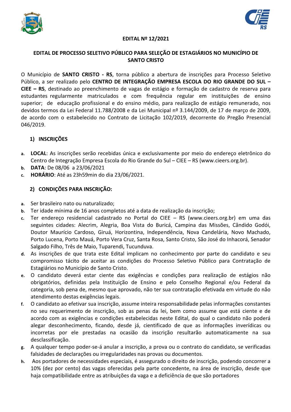 Edital Nº 12/2021 Edital De Processo Seletivo Público