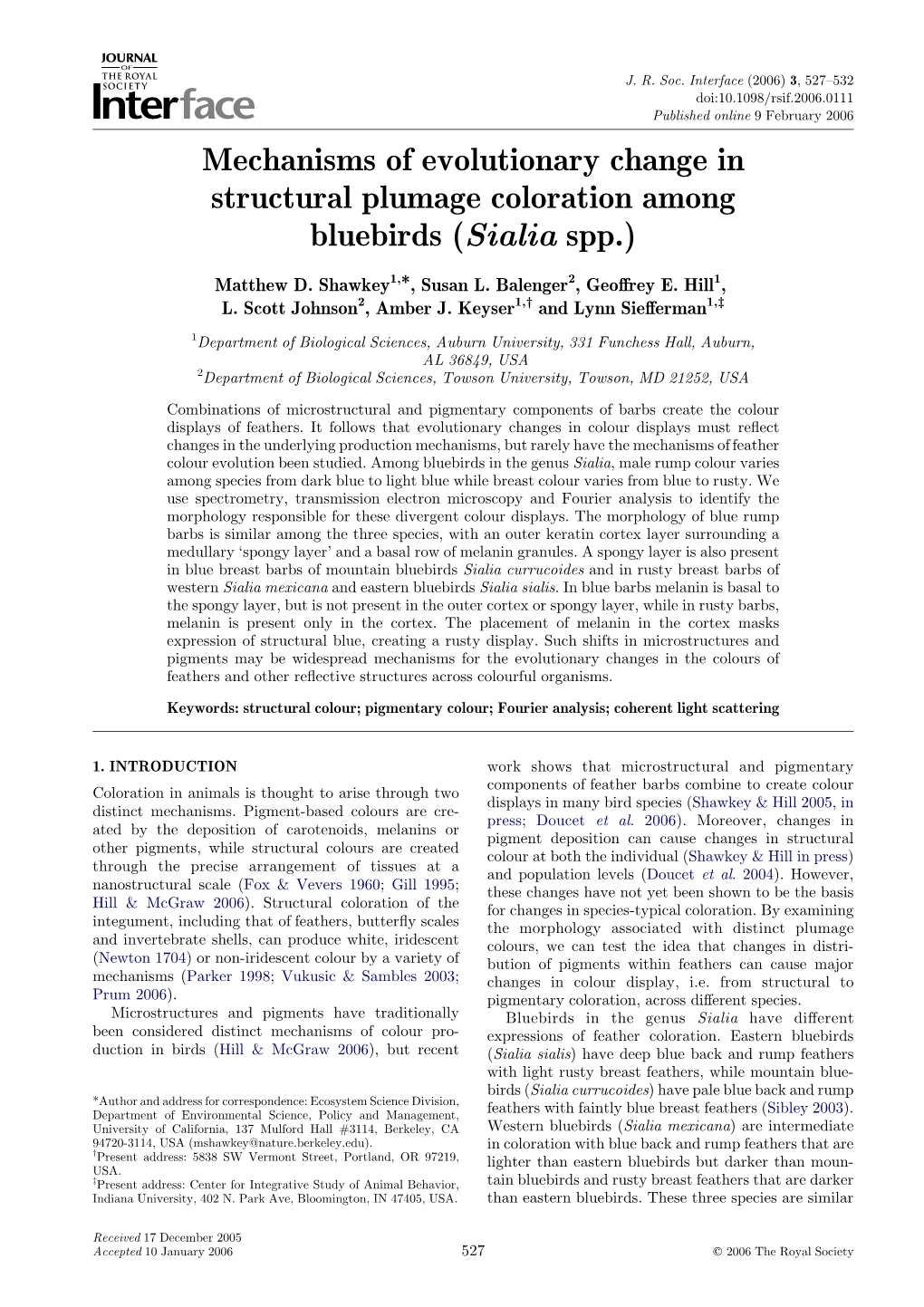 Mechanisms of Evolutionary Change in Structural Plumage Coloration Among Bluebirds (Sialia Spp.)